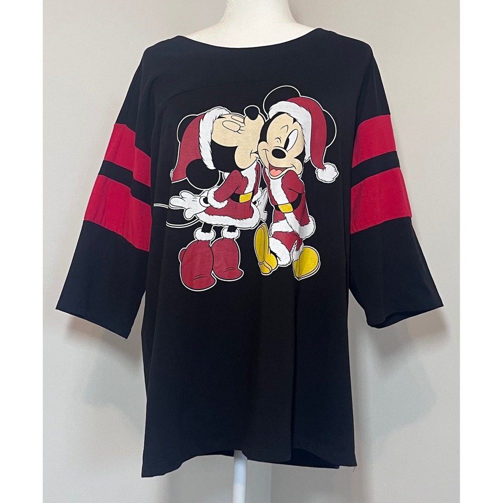 Disney Mickey Minnie Christmas Jersey Tee Women 1X Black Red Holiday Core